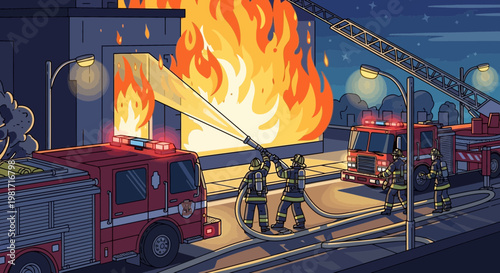 Pixel Art Firefighters Battle City Building Blaze at Night