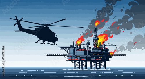 Helicopter Rescues Workers from Burning Oil Rig Disaster at Sea