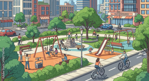 Vibrant City Park with Playground, Families, and Urban Life