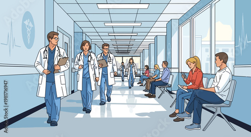Hospital Corridor Scene with Doctors, Nurses, and Patients Waiting