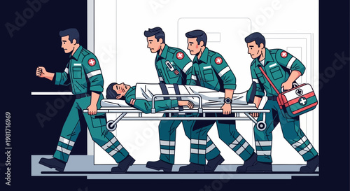 Paramedics carrying patient on stretcher, emergency medical team, urgent transport