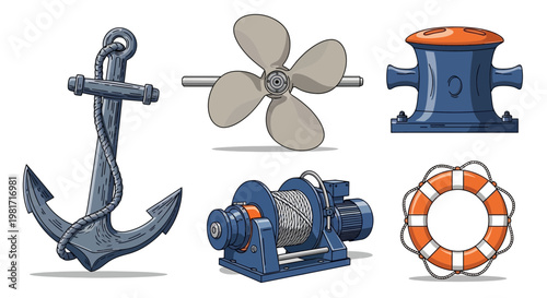 Nautical Maritime Equipment Set: Anchor, Propeller, Mooring Cleat, Winch, Lifebuoy