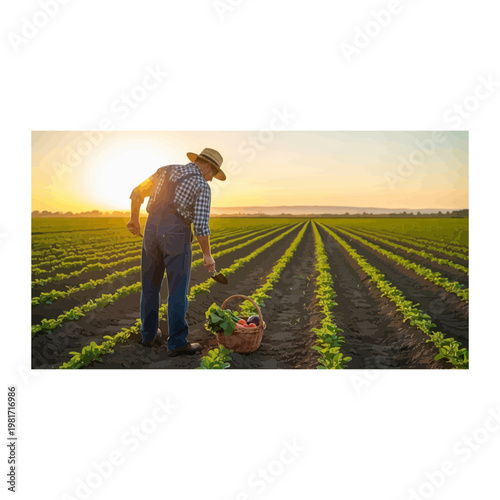 Farmer gathering fresh produce in sunny organic farm field with vegetables