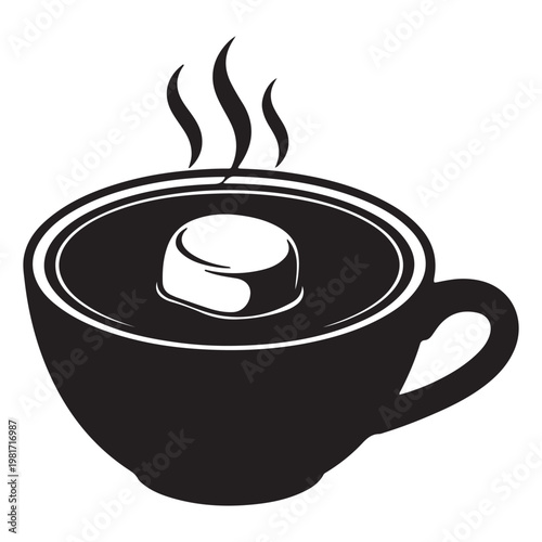 Hot chocolate with marshmallow in silhouette, black and whit