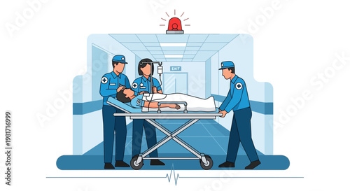 Paramedics Transporting Patient on Stretcher in Hospital Corridor with Emergency Light