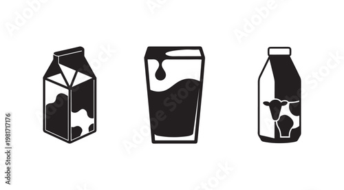 Milk carton bottle and glass icons in black and white  dairy products  cow milk  beverage packaging