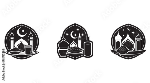 Ramadan kareem islamic holiday symbols with mosque and food on plate and cup  muslim fasting icons