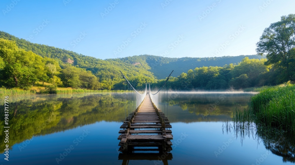Obraz premium Serene wooden walkway across calm lake
