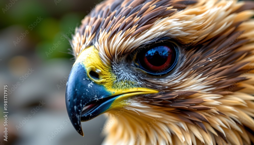 Naklejka premium A close up image of a bird of prey showcases its sharp, curved beak and intense, dark eye, which reflects a hint of the surrounding environment