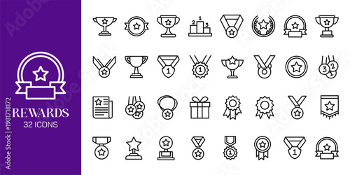 Reward and Loyalty Icon Set with Trophy, Badge, Coupon, Medal and Achievement Symbols Vector Collection