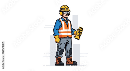 Construction worker in safety gear, hard hat, vest, ear protection, gloves, and boots, standing confidently.