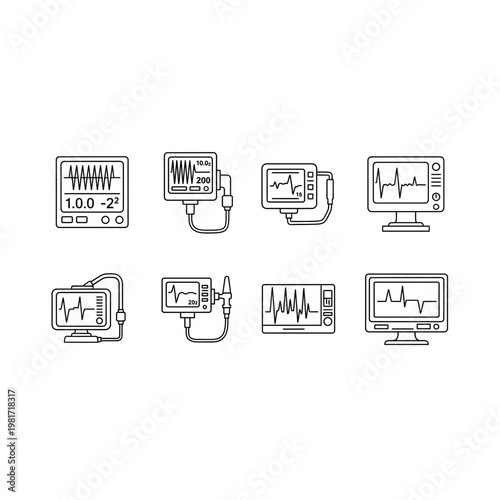 Medical patient monitoring system icons with heart rate displays, healthcare