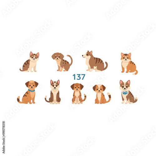 Collection of cartoon puppies and kittens with number 137 graphic, illustration