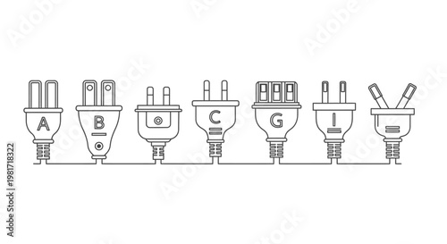 Global electrical power plug types vector illustration. International standard AC power cords for various countries, line art diagram.
