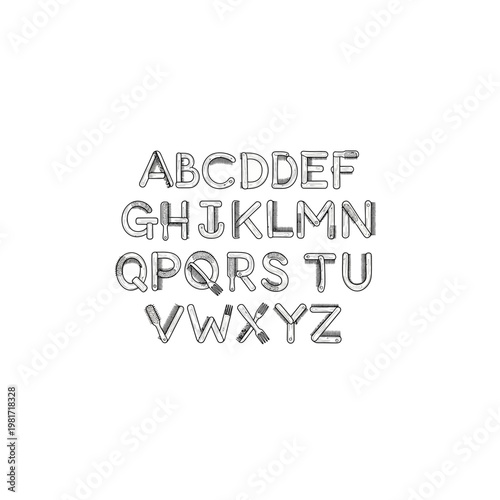 Decorative alphabet letters featuring whimsical patterns and lines, alphabet