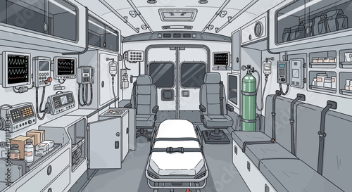 Inside Ambulance Interior - Medical Equipment and Patient Gurney