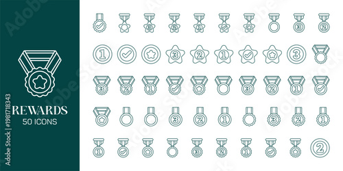 Reward and Loyalty Icon Set with Trophy, Badge, Coupon, Medal and Achievement Symbols Vector Collection