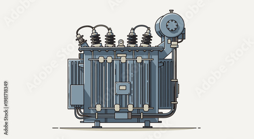 Heavy-duty electrical power transformer with insulators and cooling fins, essential for energy distribution and grid infrastructure.