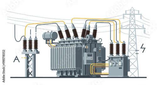 Industrial electrical power transformer station with high voltage lines and utility pole for energy distribution system