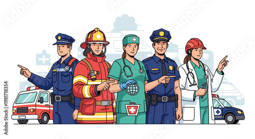 Diverse Emergency Responders and Healthcare Heroes Unite, Pointing Forward