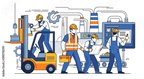 Industrial workers operating machinery in a modern factory setting.