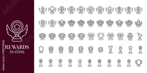 Reward and Loyalty Icon Set with Trophy, Badge, Coupon, Medal and Achievement Symbols Vector Collection