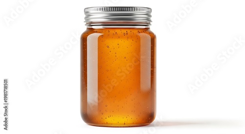 Glass jar filled with golden honey, sealed with a metal lid, isolated on white background