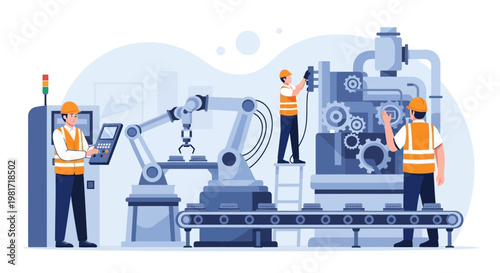 Industrial Automation Factory with Robotic Arms and Workers on Conveyor Belt