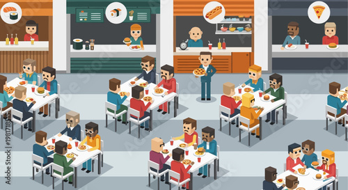 Diverse people eating at food court, casual dining, variety of cuisines, busy restaurant hall