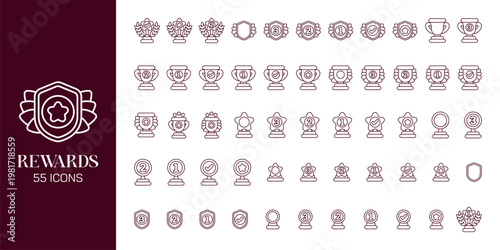 Reward and Loyalty Icon Set with Trophy, Badge, Coupon, Medal and Achievement Symbols Vector Collection