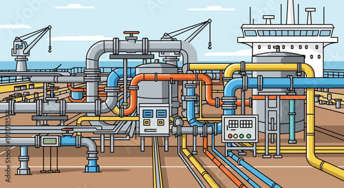 Industrial Oil Tanker Deck with Complex Piping System and Cranes
