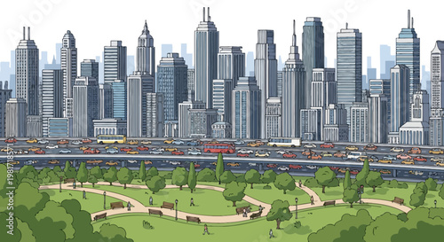 Vibrant Cityscape: Bustling Metropolis Skyline with Park and Traffic