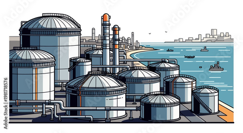 Industrial Oil Refinery Complex with Storage Tanks by the Sea