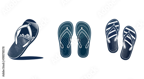 Set of flip flops in different positions and designs for summer vacation and beach activities  sandals and footwear