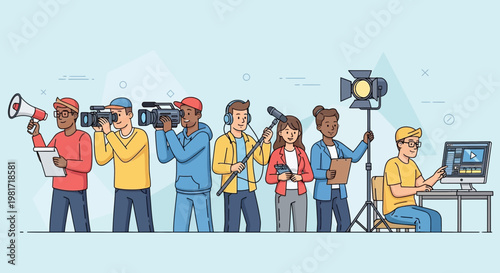Diverse Media Production Crew Filming and Editing Content