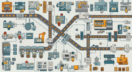 Automated factory production line with robots and conveyor belts, illustration