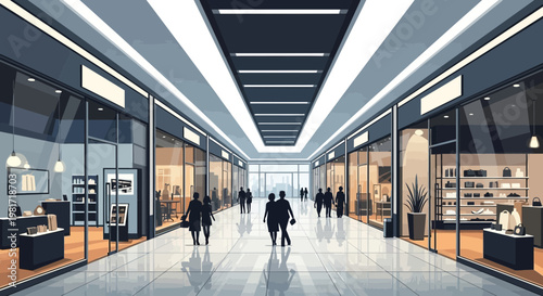 Modern Shopping Mall Interior with Shoppers, Bright Lights and Storefronts