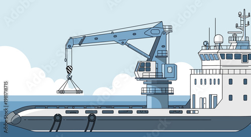 Offshore Supply Vessel with Crane Lifting Cargo at Sea, Industrial Marine Transportation