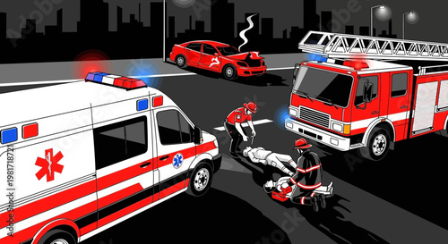 Emergency response scene: ambulance, fire truck, injured person at night city street accident