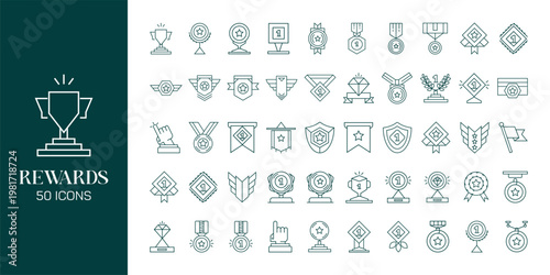 Reward and Loyalty Icon Set with Trophy, Badge, Coupon, Medal and Achievement Symbols Vector Collection