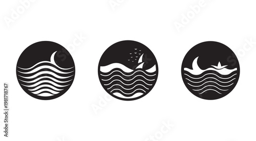 Set of three black and white icons featuring wavy lines and silhouettes of crescent moon and sailboats on water surface  nautical graphic symbols