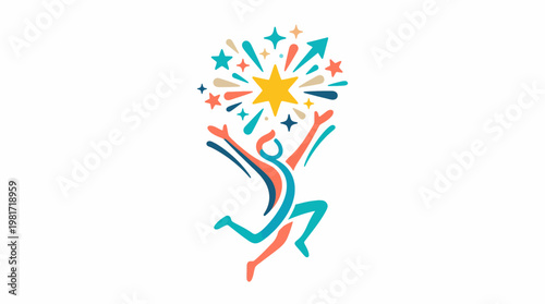 Joyful Person Reaching for a Burst of Stars and Arrows
