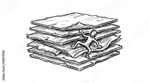 Tiny Figure Climbing Pile of Crumpled Papers