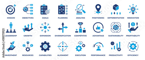 Business Strategy Icon Set. Containing icon mission, objectives, goals, planning, analysis, positioning, investment, innovation, leadership, growth and more. Solid Style Icon Vector Illustration.
