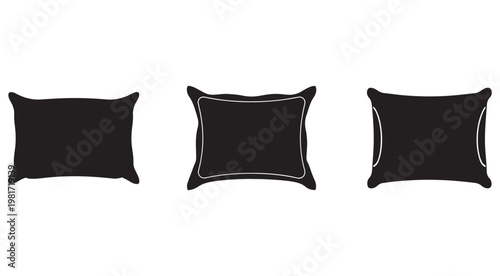 Set of three black square pillows with white outlines on clean background