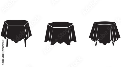 Set of three black tablecloths on round tables with white outlines on white background  table coverings in different folds and draping styles
