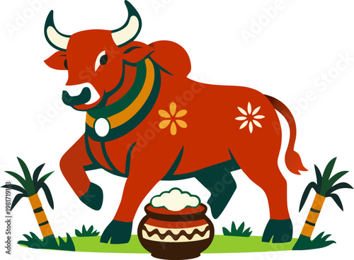 Flat Vector Illustration of Jallikattu Festival and Mattu Pongal Celebration