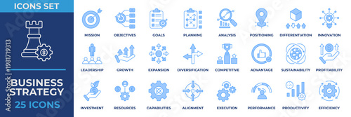 Business Strategy Blue Icon Collection Set. Containing mission, objectives, goals, planning, analysis, positioning, investment, innovation, leadership, growth and more. Blue Icon Vector Illustration.