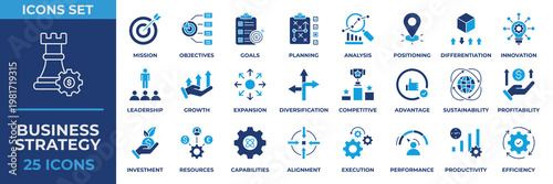 Business Strategy Flat Blue Icon Collection Set. Containing mission, objectives, goals, planning, analysis, positioning, investment, innovation, leadership, growth and more. Solid Vector Illustration.