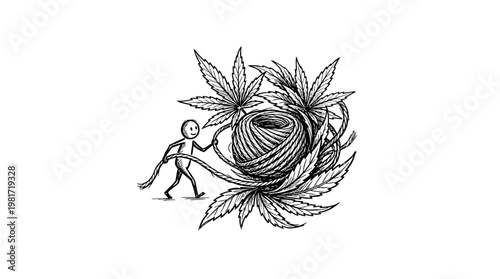 Tiny Figure Holding String Leading to a Ball of Twine Amidst Cannabis Leaves